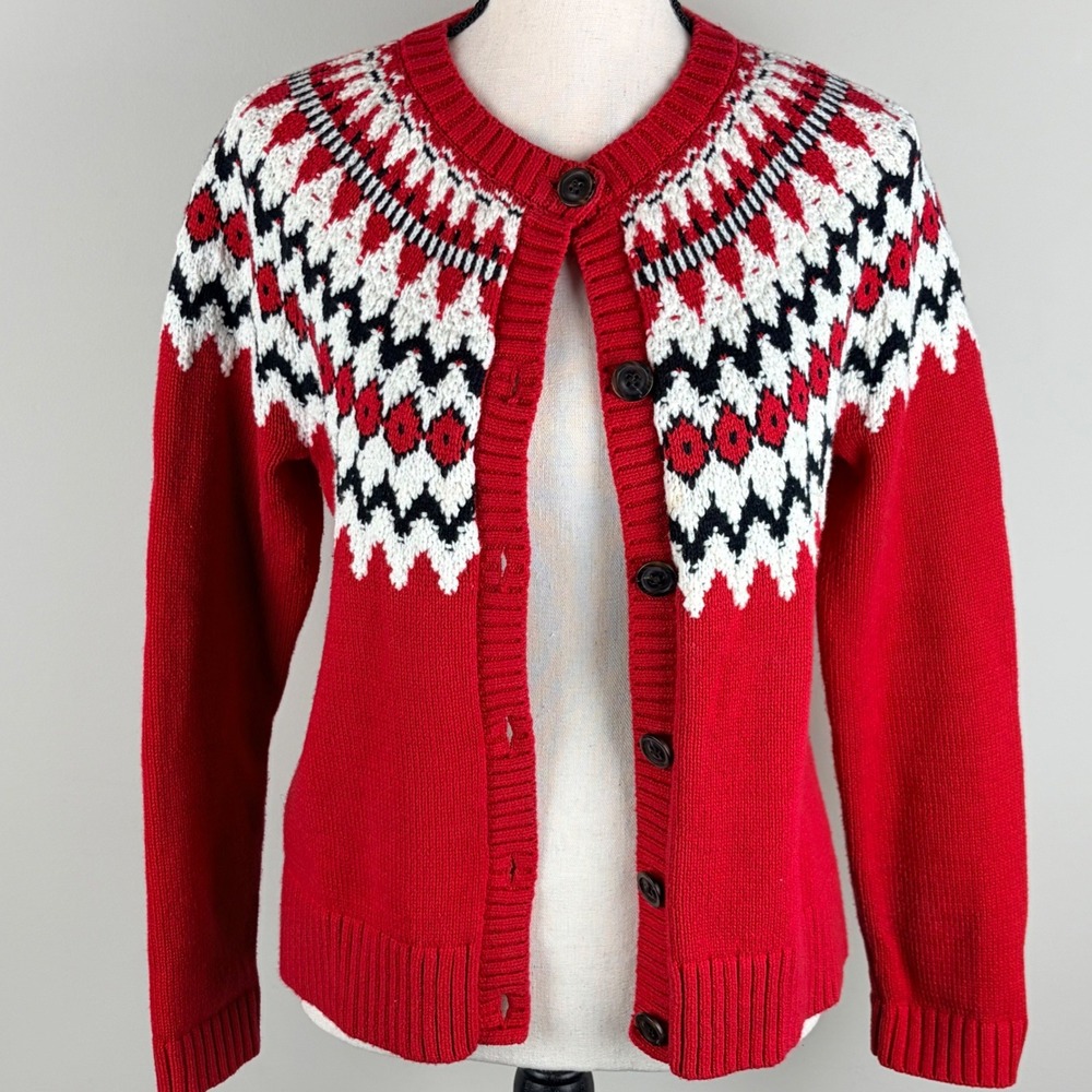 Talbots Red Joyous Fair Isle Button Front Cardigan Sweater Women's‎ Small Petite